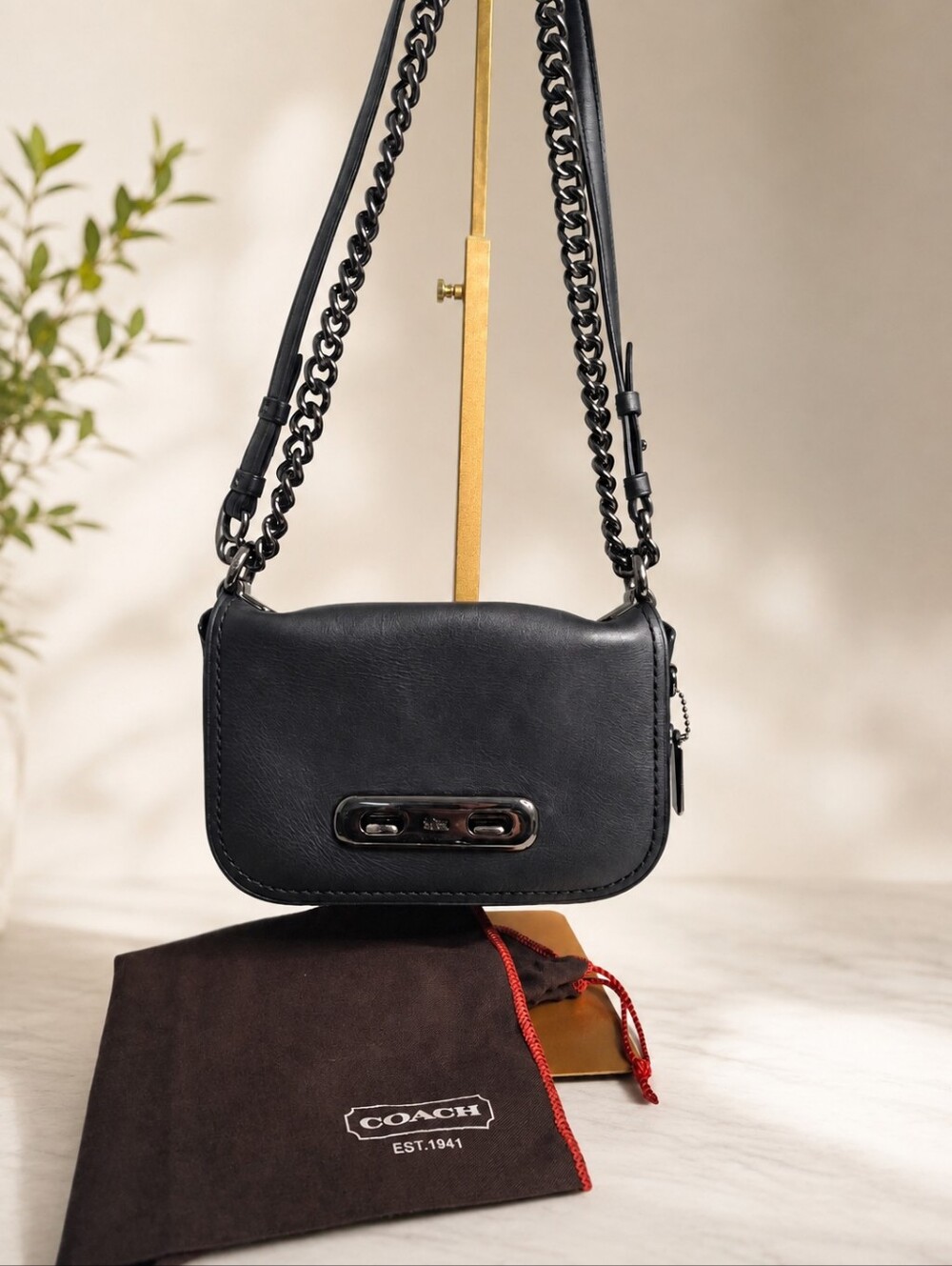 Coach Swagger 20 Black Glovetanned Leather Chain Crossbody Shoulder Bag w/ Dusty